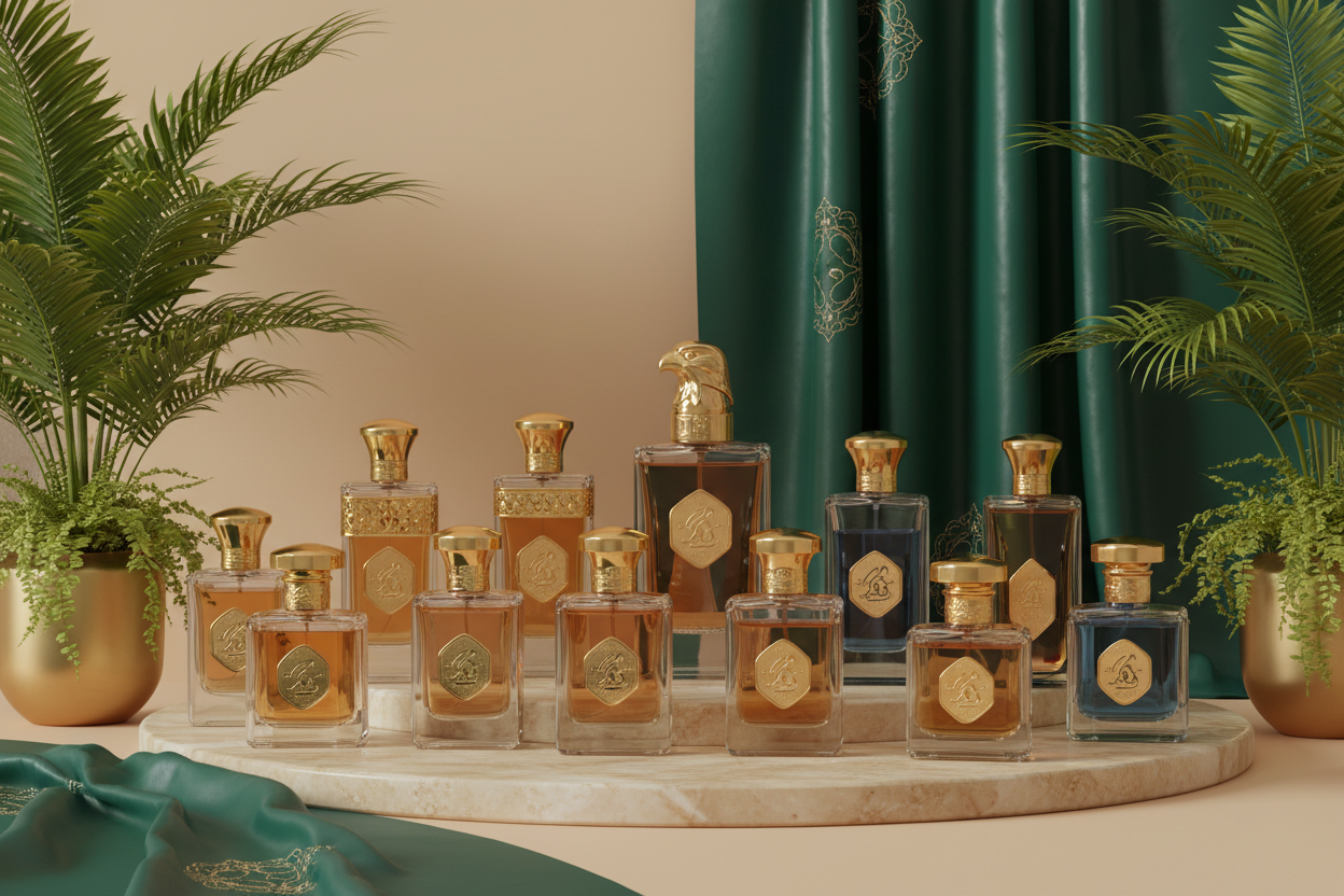 add more perfumes and make the background colour beige. i want it to be exactly this colour #E5CCA8. Still leave the green background in it too i like that